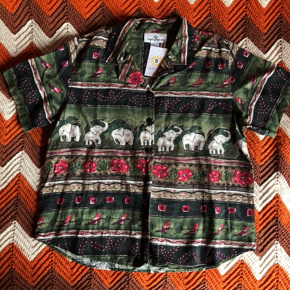 Vintage Silk Elephant Button Up